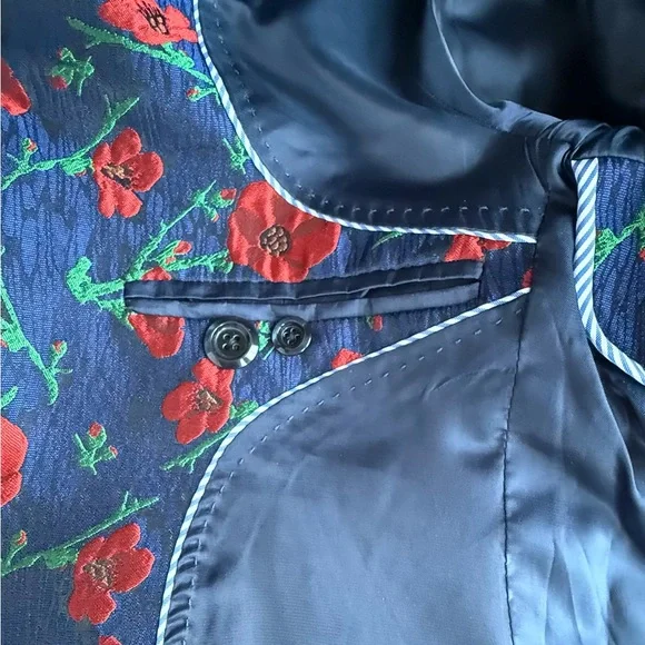 Navy Men's Print Blazer with Red Poppy Print 38R